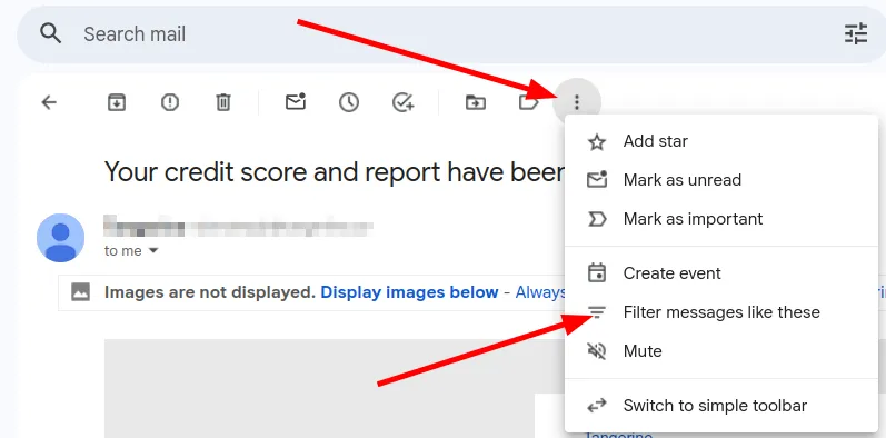 GMail message dropdown and filter options