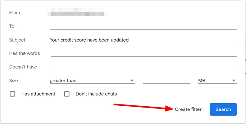 GMail filter dialog